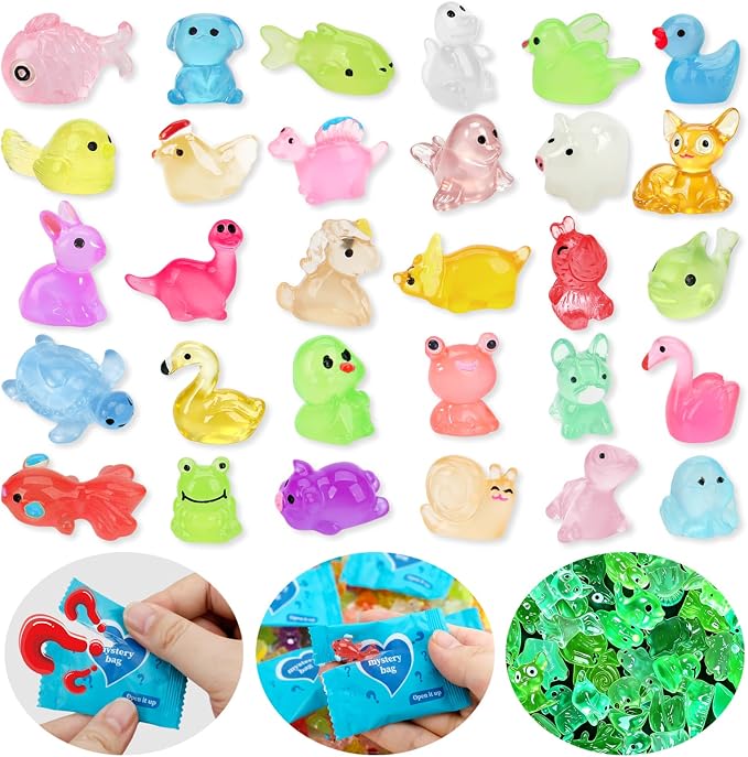 Mystery Toys Blind Bags 60 Mini Resin Animals Variety Pack Glow in The Dark | Miniature Tiny Plastic Animals Figures for Crafts Fish Tank Aquarium Dollhouse Fairy Garden Accessories Decor (Random Style)
