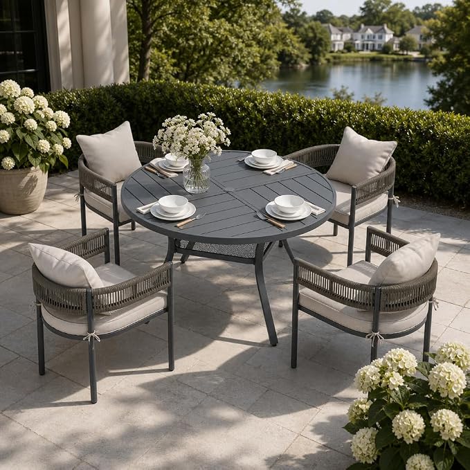 VICLLAX Patio Dining Set, 40.7" Dark Grey Table & 4 Chairs with Wheat Cushion