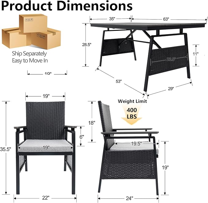 5 Piece Patio Dining Set, Outdoor Dining Table Set for 4, Aluminum Outdoor Dining Sets with Removable Cushions, Space Saving Rectangular Dining Table and Patio Chairs for Balcony/Deck, Black