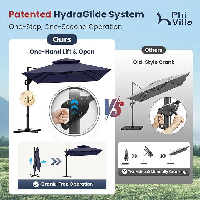 PHI VILLA 9' x 12' Rectangular Cantilever Patio Umbrella with Hydraulic Lift & 360° Rotation – Heavy Duty Windproof Offset Umbrella for Pool, Deck or Garden, Navy Blue