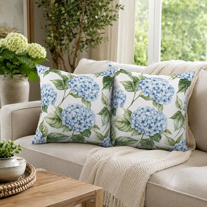 Blue Hydrangea Throw Pillow Covers 20x20 inch Set of 2, Outdoor Waterproof Floral Pillow Cases Flower Decorative Cushion Covers for Spring Patio Garden Decor