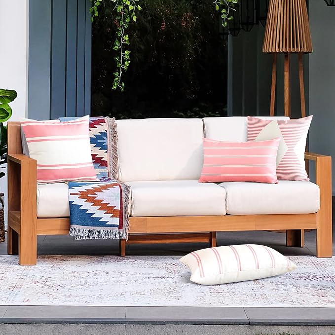 OTOSTAR Decorative Outdoor Throw Pillow Covers 16x16 Inch Waterproof Geometry Pillow Cover Garden Cushion Case Patio Outdoor Pillows Shell for Couch Indoor Tent Park Furniture Balcony Set of 4 (Pink)