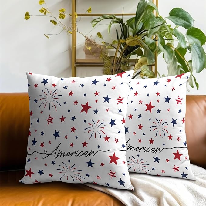 4th of July Pillow Covers 16x16 Inch Set of 2 Patriotic Red White Blue Summer Outdoor Throw Pillow Covers,Independence Memorial Day USA Flag Cushion Case for Sofa Couch Decor