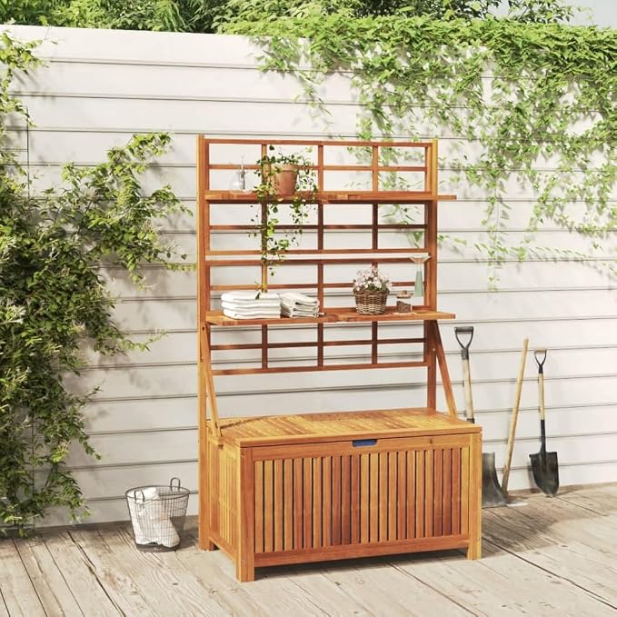 39"x19.7"x63" Outdoor Storage Box with Trellis, Solid Acacia Wood Patio Deck Box for Garden Tools, Rustic Brown, Weather-Resistant Chest for Yard, Balcony & Porch