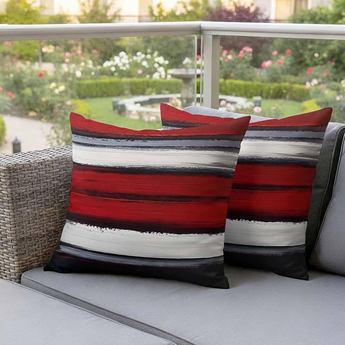 Red and Black Strip Outdoor Pillow Covers 16"x16" Set of 2, Classic Modern Art Waterproof Throw Pillow Covers for Patio Furniture, Decorative Cushion Covers for Porch