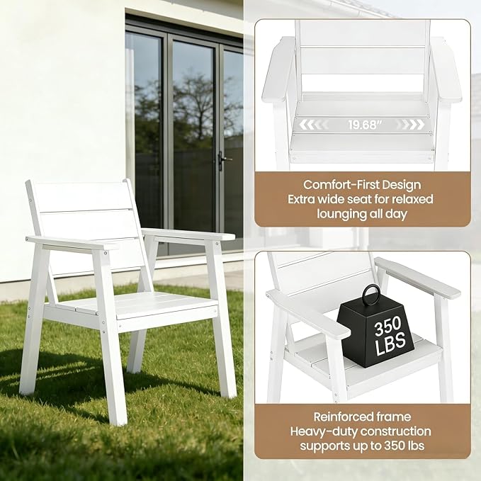 Outdoor Dining Chairs Set of 2,HDPE Patio Chairs with Wide Seat,Ergonomic Design Outdoor Furniture for Porch,Backyard,Deck,White