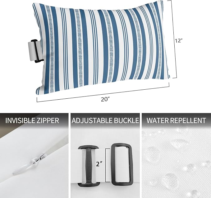 Outdoor Lumbar Pillows 12x20 Set of 2, Blue Boho Striped Waterproof Throw Pillow Covers with Insert, Modern Thin Line Stripes Geometric Decorative Support Pillows for Lounge, Chaise
