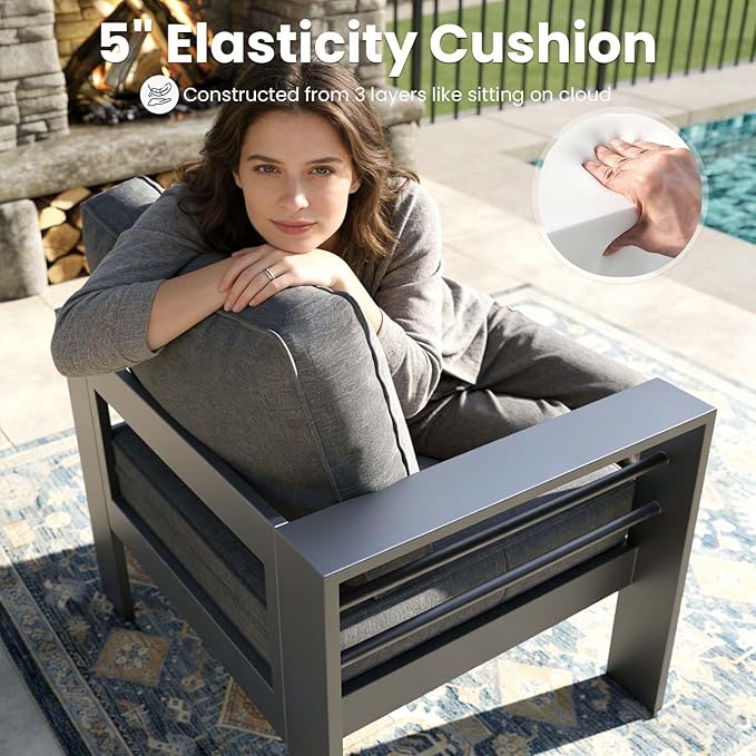 4 Pieces Modern Aluminum Patio Furniture Set, Outdoor Conversation Sets Metal Sectional Sofa with Coffee Table
