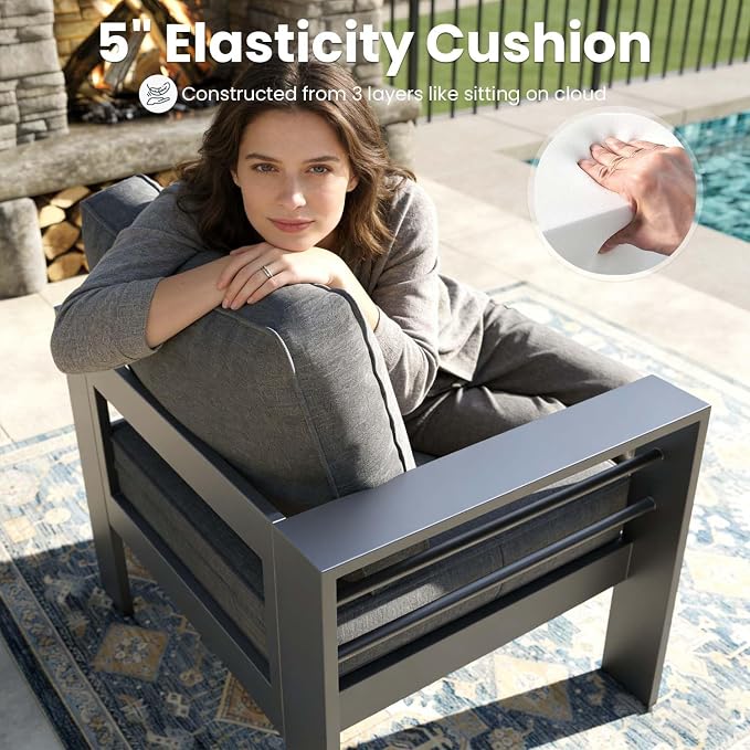 4 Pieces Modern Aluminum Patio Furniture Set with Fire Pit Table, Outdoor Conversation Sets Metal Sectional Sofa