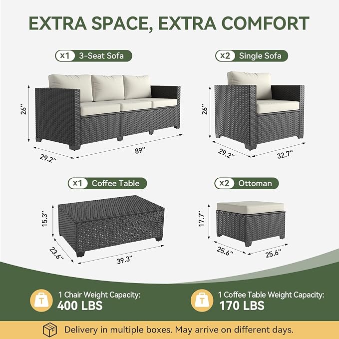 Aoxun 8 Piece Outdoor Patio Furniture Set 7 Seats, Outdoor Sectional with Thick Waterproof Cushions, Patio Conversation Sets for Garden,Backyard, Porch, Deck, Black & Beige
