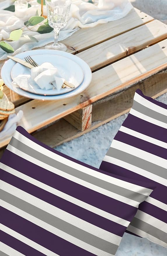 Outdoor Waterproof Pillow Covers for Patio Furniture Purple, Grey and White Stripes Decorative Throw Pillow Cover Farmhouse Stripe Pillowcases Set of 2 Cushion Case for Sofa Couch Chair 26x26 In