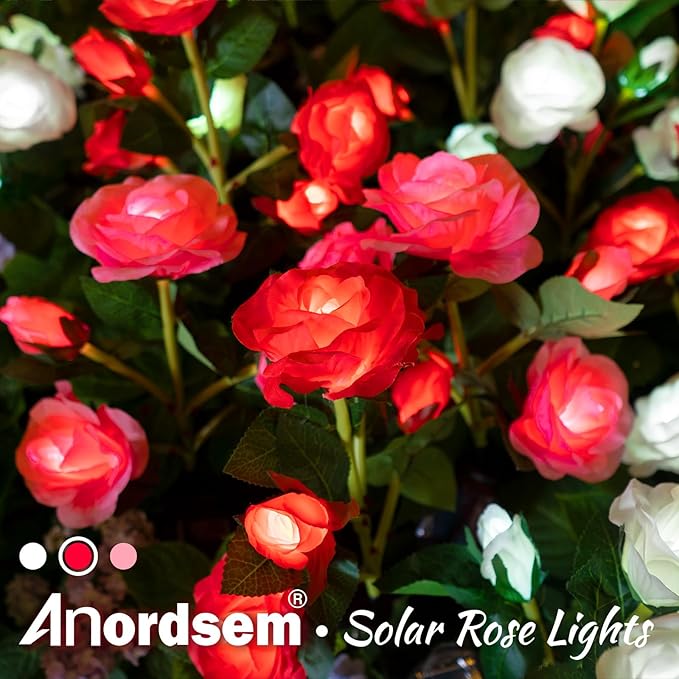 Anordsem Solar Garden Lights Outdoor: 10 Artificial Fabric White Roses Flowers 2 Pack- LED Flower Decorations for Cemetery Grave Pathway Yard- Birthday Gifts for Women, Wife and Mother