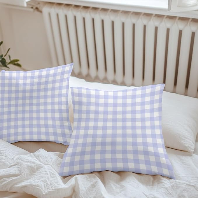 Light Purple Checks Outdoor Pillow Covers 24"x24" Set of 2, Gingham Plaid Abstract Modern Minimalist Waterproof Throw Pillow Covers for Patio Furniture, Decorative Cushion Covers for Porch