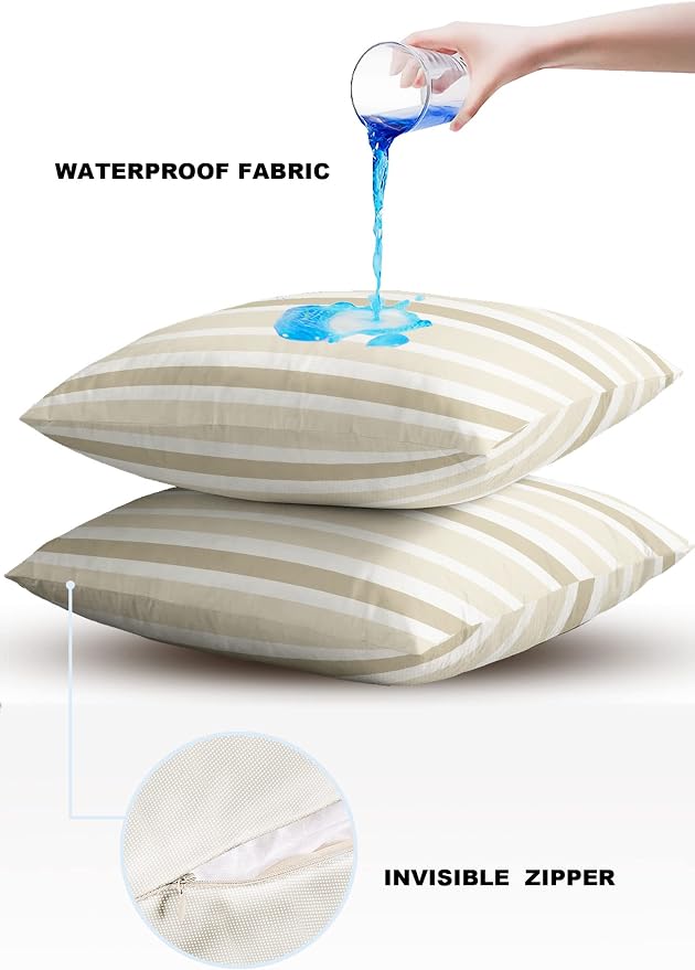 Outdoor Waterproof Pillow Covers for Patio Beige Stripe Farmhouse Decorative Throw Pillow Cover Beige White Stripe Pillowcases Set of 2 Cushion Case for Sofa Couch Chair Home Decor 26 x 26 Inches