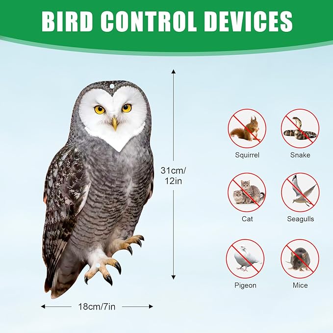 Owls to Keep Birds Away: 3Pcs Fake Owl with Reflective Tape for Orchard Garden Patio Pool, Reflective Hanging Decoration to Keep Birds Pigeon from Windows Tree Vineyard