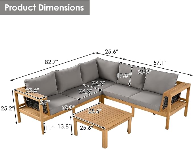 Merax Outdoor Patio Furniture Set 5 Seats, L-Shaped Outdoor Sectional Corner Sofa Set, Acacia Wood Conversation Sets with Washable Cushions & Coffee Table, Patio Furniture for Backyard, Porch, Grey