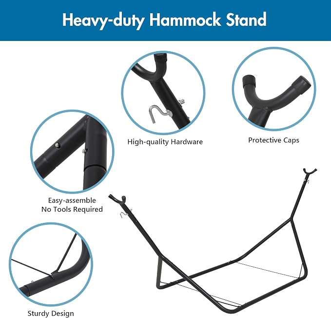 ANOW Double Hammock with Stand for Outside, Portable Space Saving Heavy-Duty Steel Stand for Indoor Outdoor Patio, 475 Lbs Capacity, Blue and Green Stripe