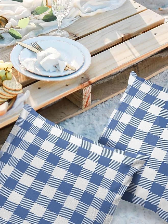 Outdoor Waterproof Throw Pillow Covers Set of 2 Buffalo Plaid Blue Check Pillowcases 18x18 Inches Farmhouse Style Patio Decorative Pillows Cushion Case Patio Pillows for Couch Bed Chair Garden