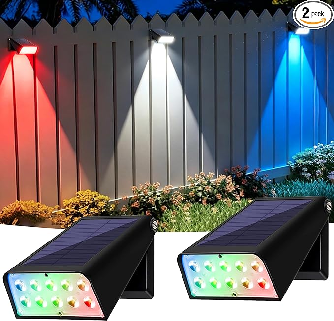 Solar Lights Outdoor Waterproof, 6-Mode RGBW Color Changing, 90° Adjustable, Auto On/Off, Father's Day Mother's Day 4th of July Decor for Fence, Patio, Garden, Yard, Pathway, Porch (2-Pack)