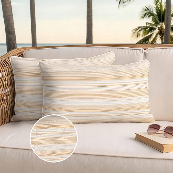 Orange Stripe Waterproof Outdoor Pillow Covers Set of 2 Home Decor, Abstract Art Modern Vertical Striped Pillowcase Patio Pillow Covers for Couch Bench Furniture Garden 20x12in