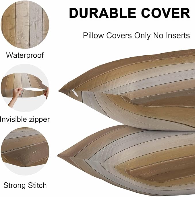 Throw Pillow Covers 18x18 Inch Set of 2, Brown Ombre Waterproof Outdoor Cushion Covers, Vintage Country Wooden Decorative Pillowcases for Couch, Sofa, Bed, Garden, Patio