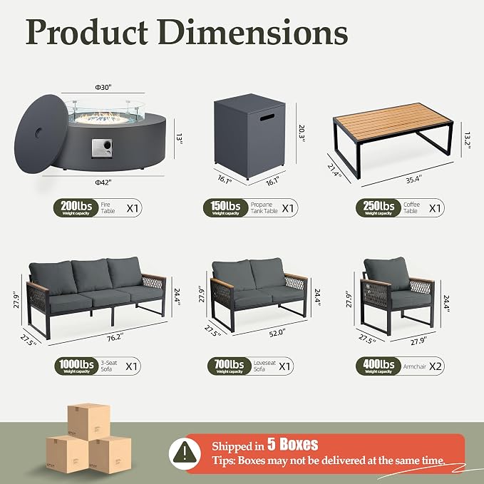 UPHA 7 Pieces Patio Furniture Set with 42" Propane Gas Fire Pit Table, Metal Outdoor Sectional Couch Set with Loveseat & 3-Seat Sofa, Modern Patio Conversation Set for Porch Balcony Deck, Gray