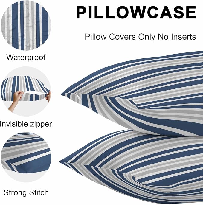 Navy Blue Grey Stripe Outdoor Pillow Covers 20x20 Inch Throw Pillow Covers Set of 2 Waterproof Decorative Pillow Cases Farmhouse Minimalist Striped Cushion Covers for Patio Furniture Garden Couch Sofa