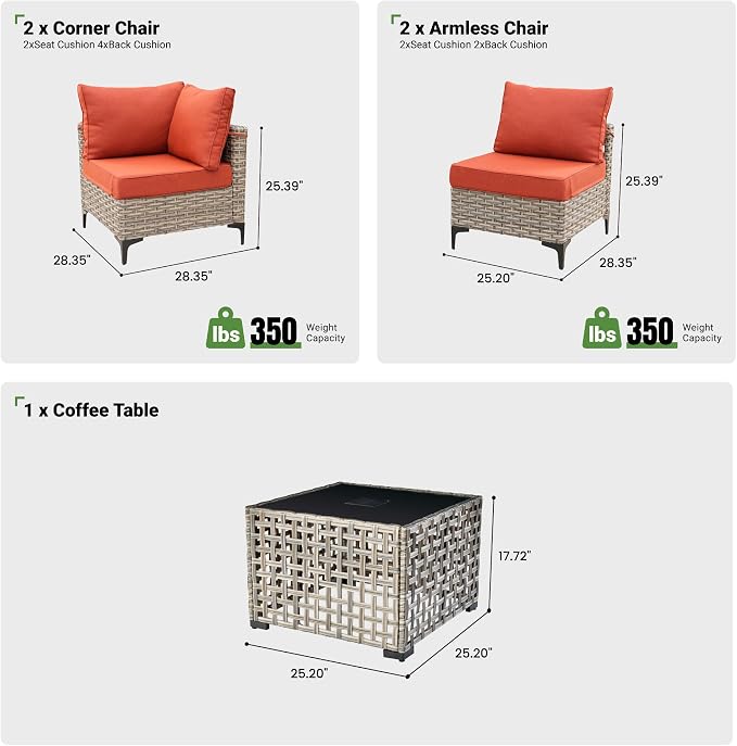 5 Piece Outdoor Patio Furniture with Glowing Coffee Table, Rattan Wicker Conversation Set with Sofa, Sectional Single Chairs for Outside Porch Balcony Backyard Pool,Orange