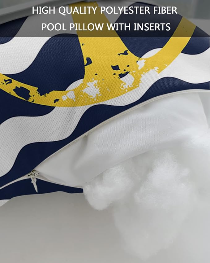 Outdoor Pillows Covers with Inserts Navy Blue Wave Stripes Yellow Nautical Anchor Waterproof Recliner Pillow with Adjustable Strap Throw Pillows for Patio Furniture Pool Lounge Chair, 12x20 inch, 2PCS