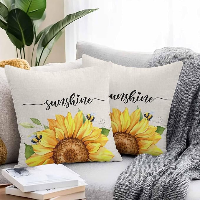 Vintage Yellow Sunflower Bee Outdoor Throw Pillow Covers Set of 2,Decorative Waterproof Pillowcase, Rustic Botanical on Linen Cushion Case for Patio Garden Couch Sofa Tent Bed 16x16 Inches