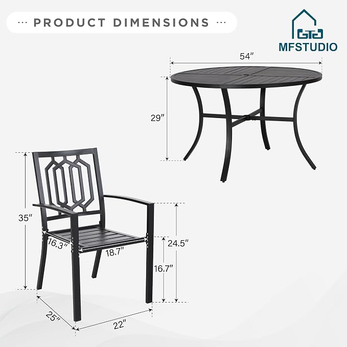 MFSTUDIO Round Patio Table and Chairs Set, Outdoor Dining Set for 6 with Umbrella Hole, Metal Patio Furniture Dining Set for Deck Backyard Poolside Garden