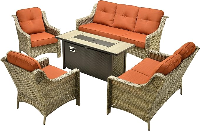 Outdoor Patio Furniture Sets, 5 PCS Patio Conversation Set Outside Rattan Sofa with 54 in Fire Pit Table Comfy Cushions Fit Backyard Porch Garden Poolside Balcony,Coarse Stripes Red