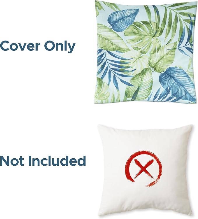 Outdoor Pillow Covers 18x18 Inch, Waterproof Throw Pillow Covers Pack of 2, Water-Resistant Decorative Pillow Case for Patio Furniture Tent Garden, Tropical Leaf, Green, Cover ONLY