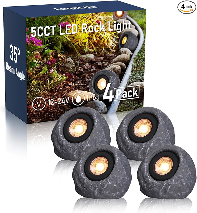 LEONLITE 5CCT LED Rock Lights Outdoor, 5W Low Voltage Landscape Spot Light for Garden, Yard, Decorative Stone Light, 12-24V AC/DC, CRI90, 200lm, IP65 Waterproof, Round, Dark Gray, Pack of 4
