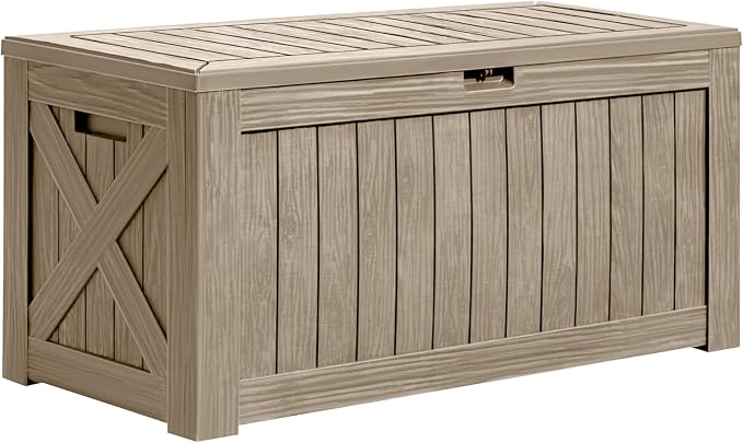 Greesum 120 Gallon Deck Box, Resin Outdoor Storage Container for Patio Furniture, Garden Tools, Pool Accessories, Weatherproof, Lockable, Coffee