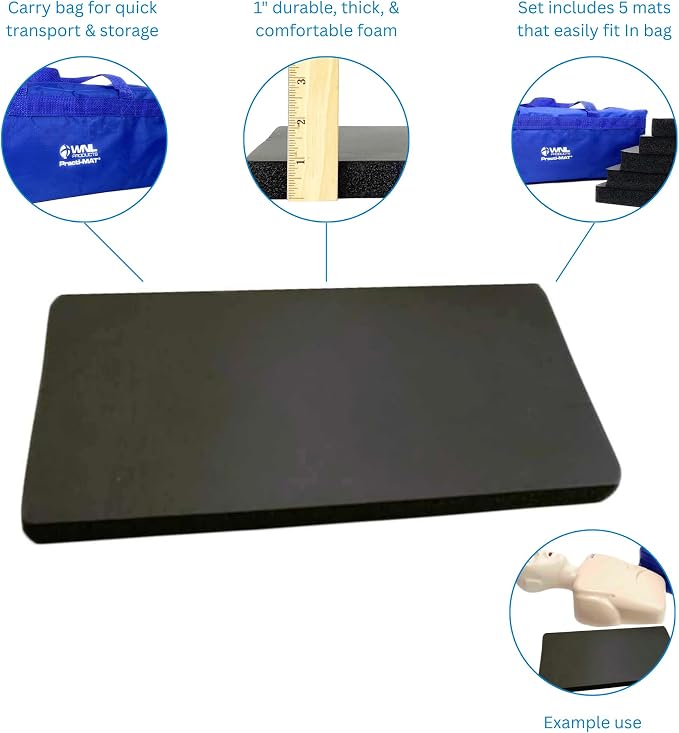 WNL Products WNLMAT Practi-Mat Kneeling Mat for CPR Training, 5 Pack | CPR Training Accessories Knee Pad, with Carry Bag, durable closed cell foam pad reduces knee strain during practice