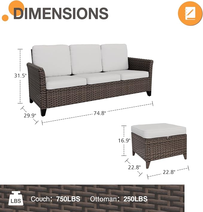 COOS BAY Harbor Retreat 3 Piece Outdoor Furniture Set, Patio Conversation Set with 3 Seat Couch and Ottomans, Wicker Furniture, Brown/Beige