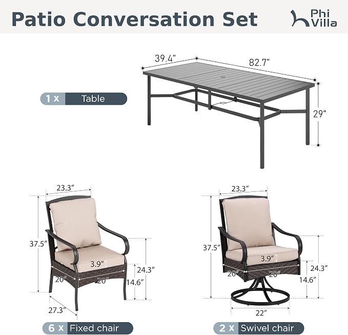 PHI VILLA 9 Piece Patio Dining Set, 83" Rectangular Metal Dining Table with Umbrella Hole, 6 Fixed + 2 Swivel Chairs with Waterproof Cushions, All Weather Outdoor Furniture for Deck, Backyard
