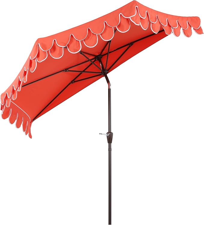 JONATHAN Y Terrace Scalloped 9 ft. Half Round Patio Umbrella with Crank Lift and Tilt, Coastal Semicircle Market Wall Umbrella for Balcony, Coral Red/White, Dark Brown Pole UMB1202A