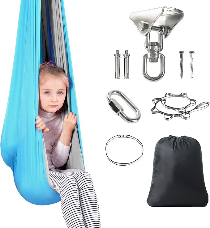 Therapy Swing Hammock Kids Cuddle Sensory Swing Indoor Therapeutic Hammock 360° Rotating Double Layer Elastic Rocking Cloth Swing Gifts for Children with ADHD SPD Asperger Autism (Sky Blue+Grey)
