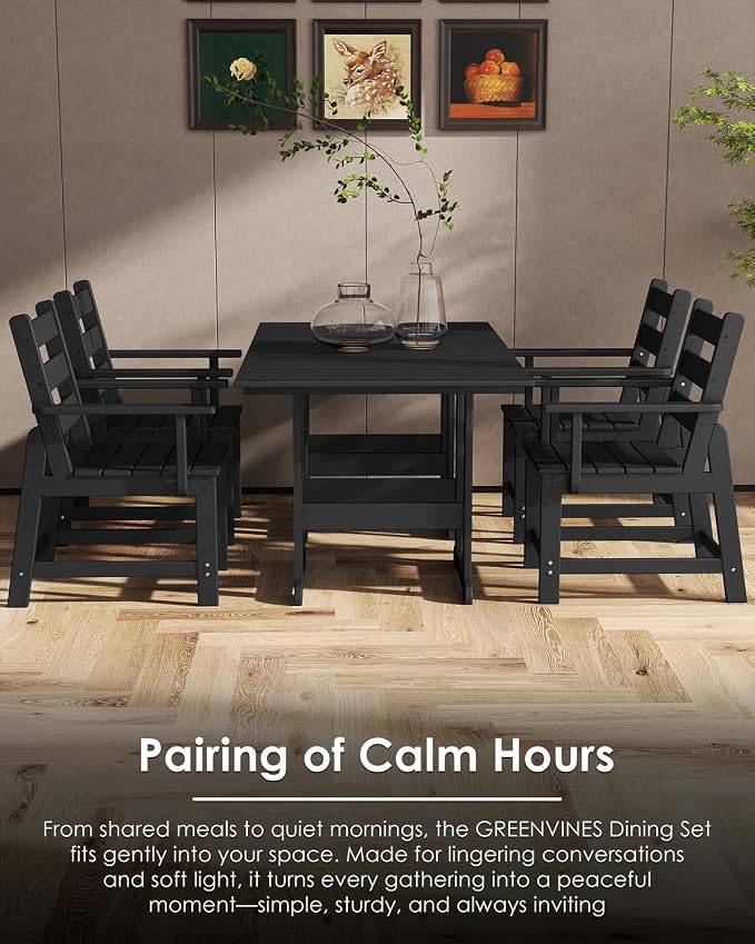 GREENVINES 5-Piece-Outdoor-Table-and-Chairs | HDPE | Patio Furniture | Slatted Dining Sets for 4 | Removable Armrests | Connectable Tables | All Weather | for Backyard Poolside Garden | Black