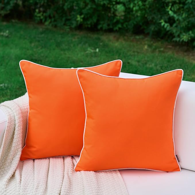 LIGICKY Pack of 2 Orange Outdoor Waterproof Throw Pillow Covers Decorative White Edge Square Pillows Cushion Case Outside Pillowcase for Patio Couch Tent Sunbrella Fall(18x18 inch)