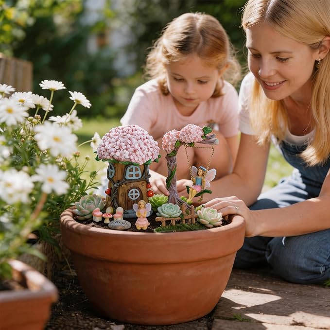 Miniature 8 Pcs Mini Garden Furniture, Fairy Garden Accessories Kit, Resin Figurines with Swing Set, Whimsical Theme, for Outdoor Patio, Yard, Lawn, or Desk