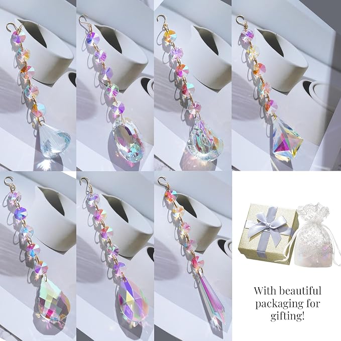 Sun Catchers for Windows Hanging, 7 Pcs Colored Crystals Suncatchers Prisms Glass Pendant Ornament for Chandelier Garden Home Room Decoration