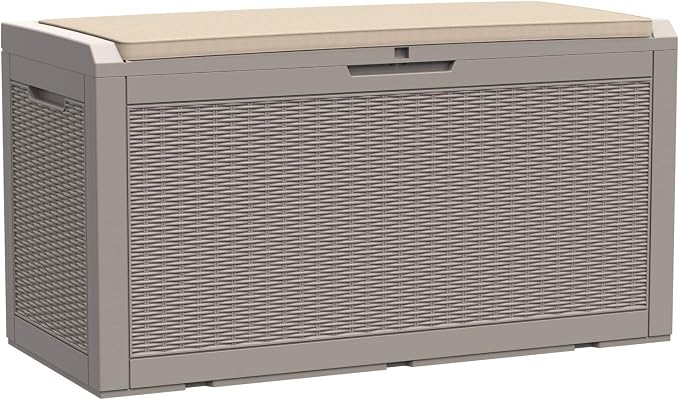 Modern-Depo 100 Gallon Deck Box Waterproof Outdoor Storage Bench | Polypropylene PP Pool Towel Storage Bin Porch Delivery Box with Seat Cushion, Gray