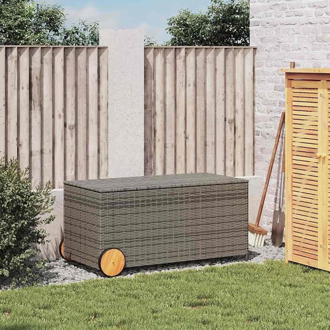 Large 50.4 Gallon Garden Storage Box with Wheels, Grey PE Rattan Woven Outdoor Patio Storage for Cushions and Blankets