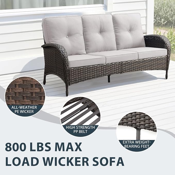 7 Piece Patio Furniture Set - Wicker Patio Conversation Set with Swivel Glider, Glider Loveseat, Tempered Glass Side Table and 2 Ottomans for Deck Backyard - Brown Wicker Beige Cushion