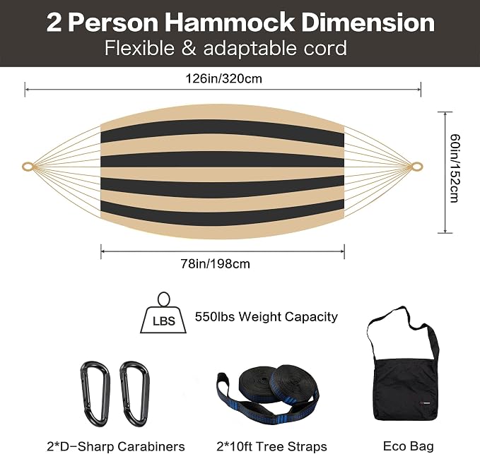 CHULIM Handwoven Mayan Hammock with 10ft Tree Straps, 550lbs Capacity Soft Rope Double Hammock, Portable Outdoor Hammock with Carry Bag for Camping Backyard Beach - Black White Stripe