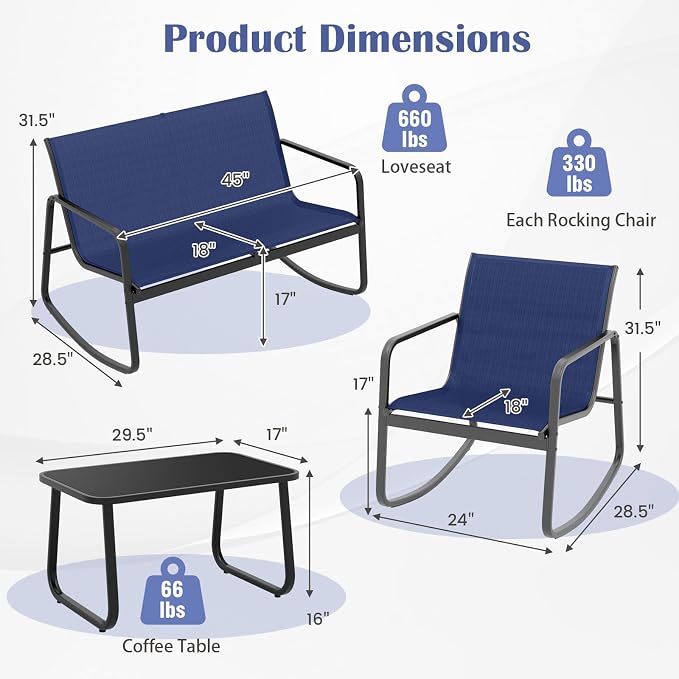 Tangkula 4 Piece Rocking Patio Furniture Set, 2 Rocking Chairs & Loveseat with Glass-Top Table, Patio Rocking Set with Smooth Rocking Motion, Outdoor Rocker Conversation Set for Porch, Yard (1, Navy)