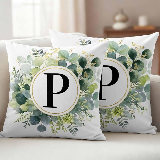 Letter P Waterproof Outdoor Pillow Covers Set of 2 Home Decor, Alphabet Green Eucalyptus Leaves Pillowcase Patio Pillow Covers for Couch Bench Patio Furniture Garden 16x16in